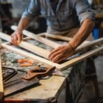 a carpenter builds a wooden frame on the workbench 78d6b8g